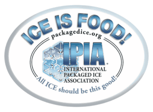 IPIA certification seal from the International Packaged Ice Association confirming food-grade ice safety standards