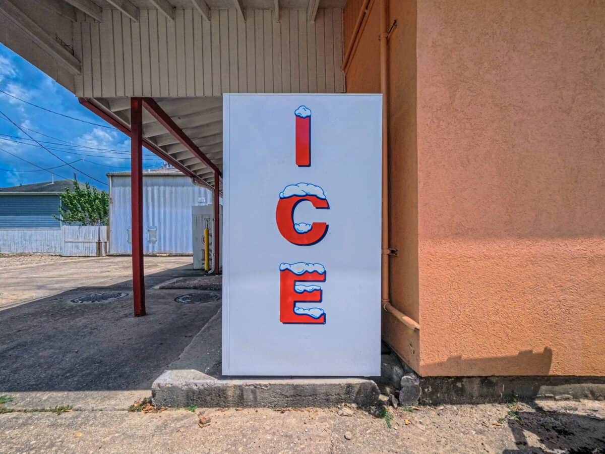 Outdoor bagged ice freezer for ice retail sales.