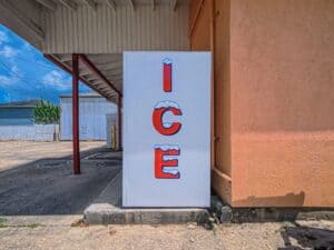 Outdoor bagged ice freezer for ice retail sales.